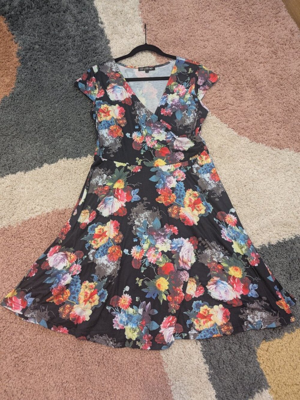Floral Faux Wrap Fit & Flare Dress | Black Multi | XL